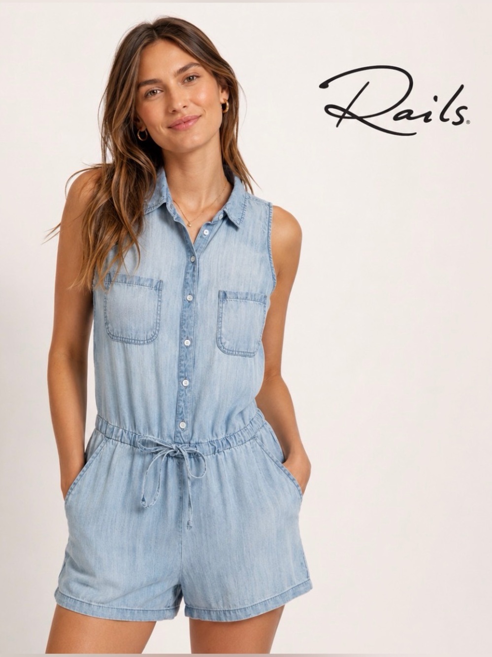 Rails Fiona Chambray Romper Women’s S Blue Tencel Sleeveless Drawstring Shorts